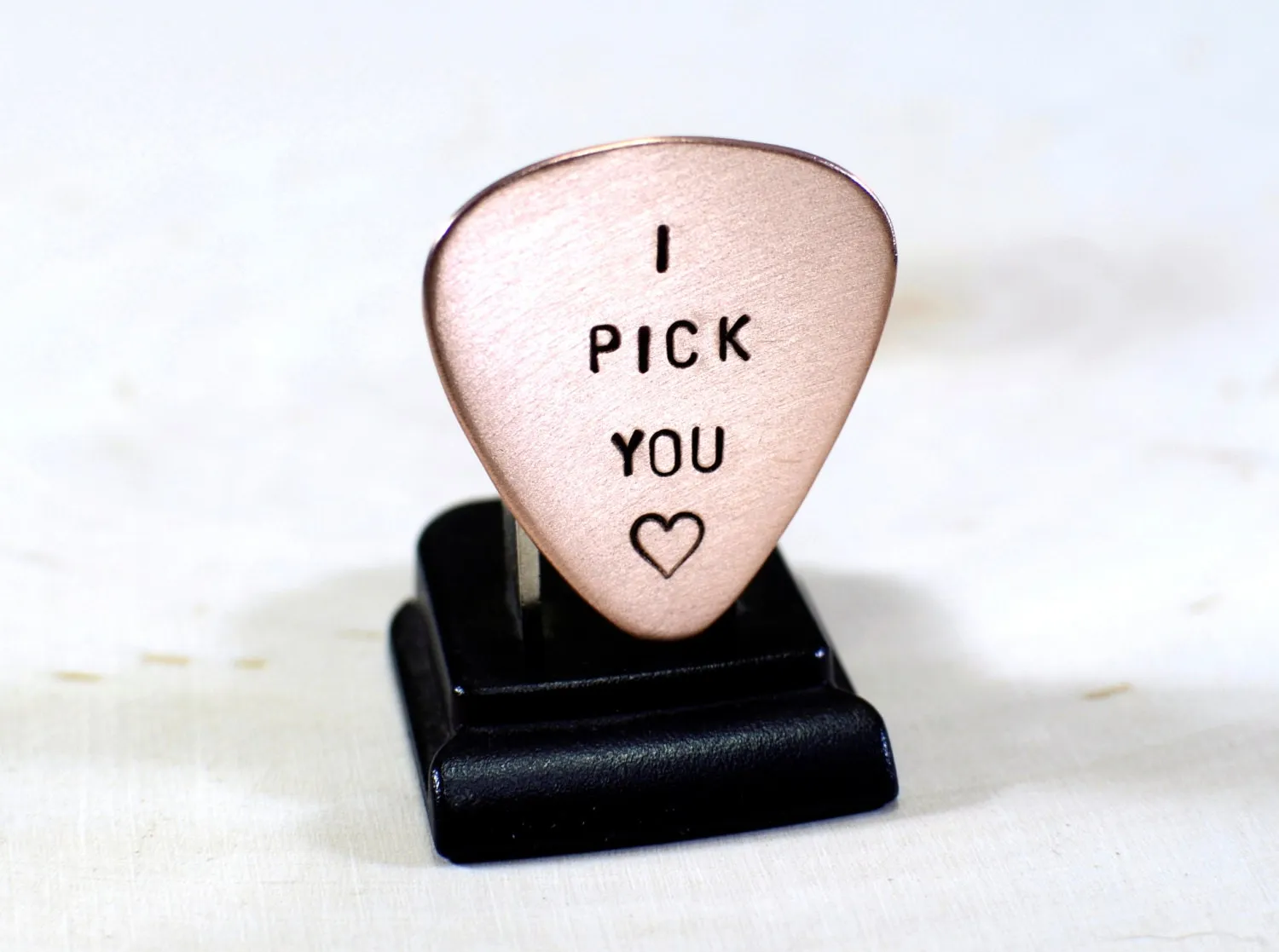 Copper Guitar Pick stamped with I Pick You and Heart Design