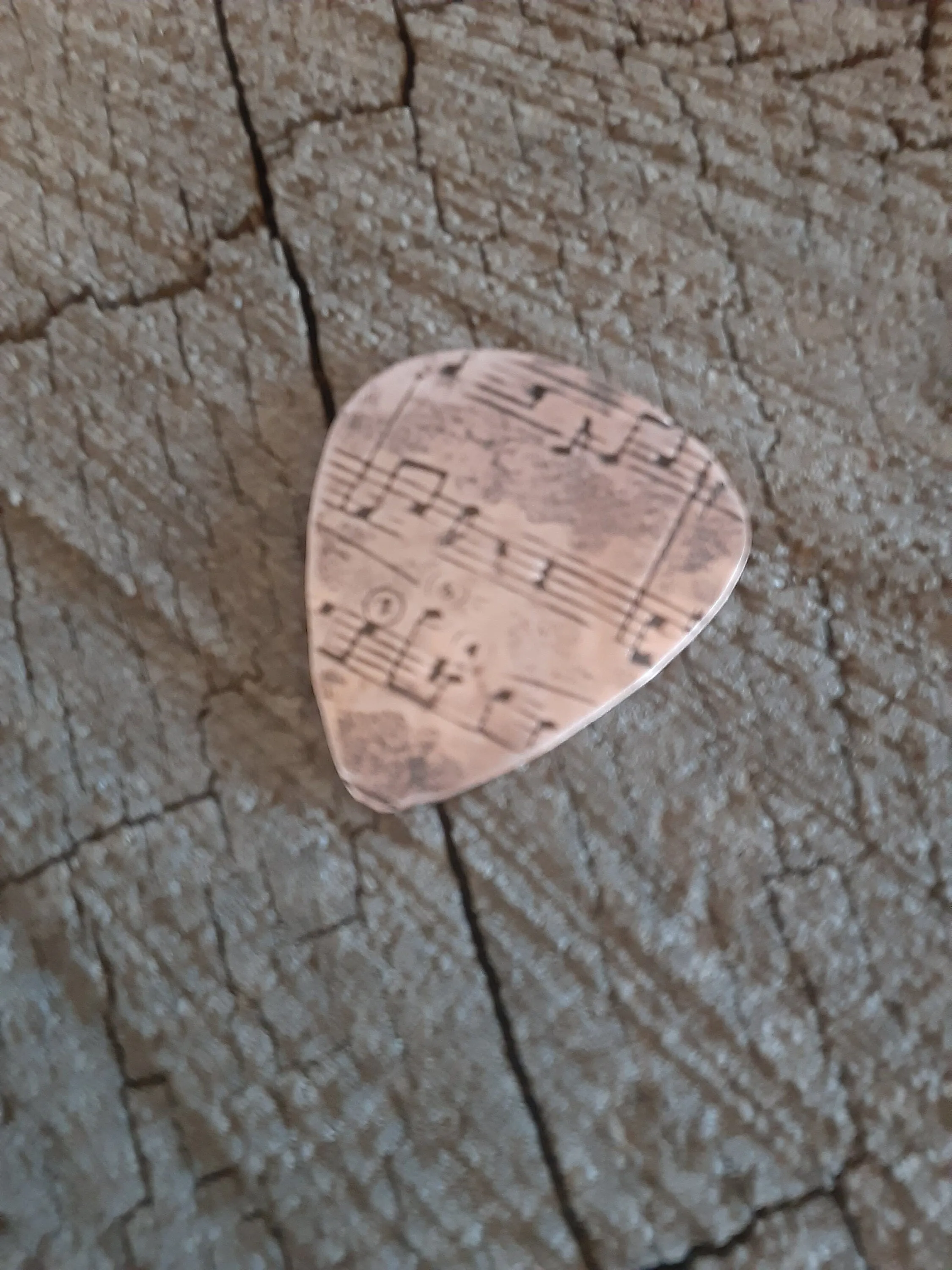 Copper guitar pick with music notes - for Elise