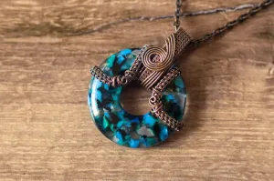 Copper Wire Pendant with Blues, White, and Grey Fused Glass Ring