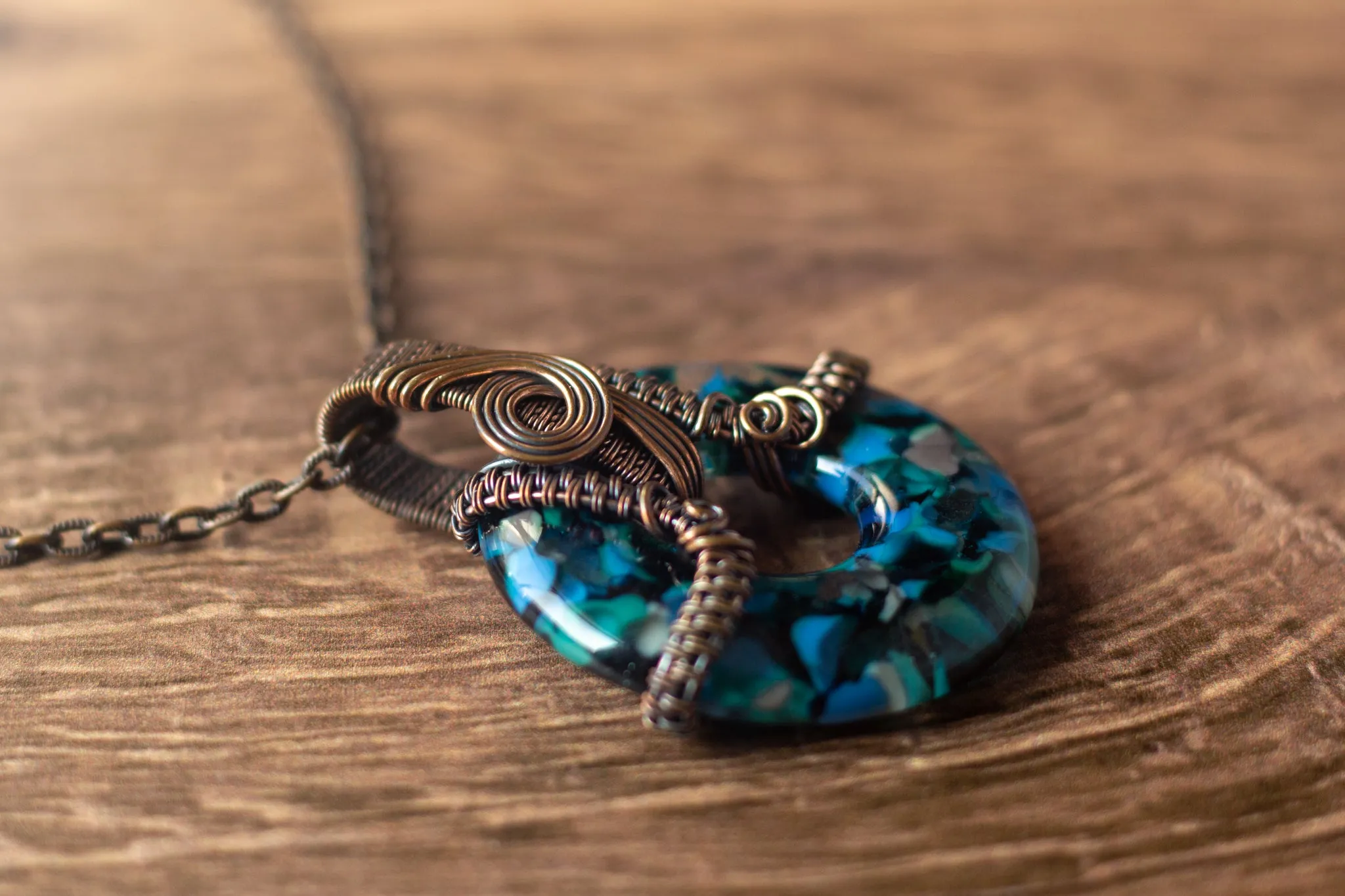 Copper Wire Pendant with Blues, White, and Grey Fused Glass Ring