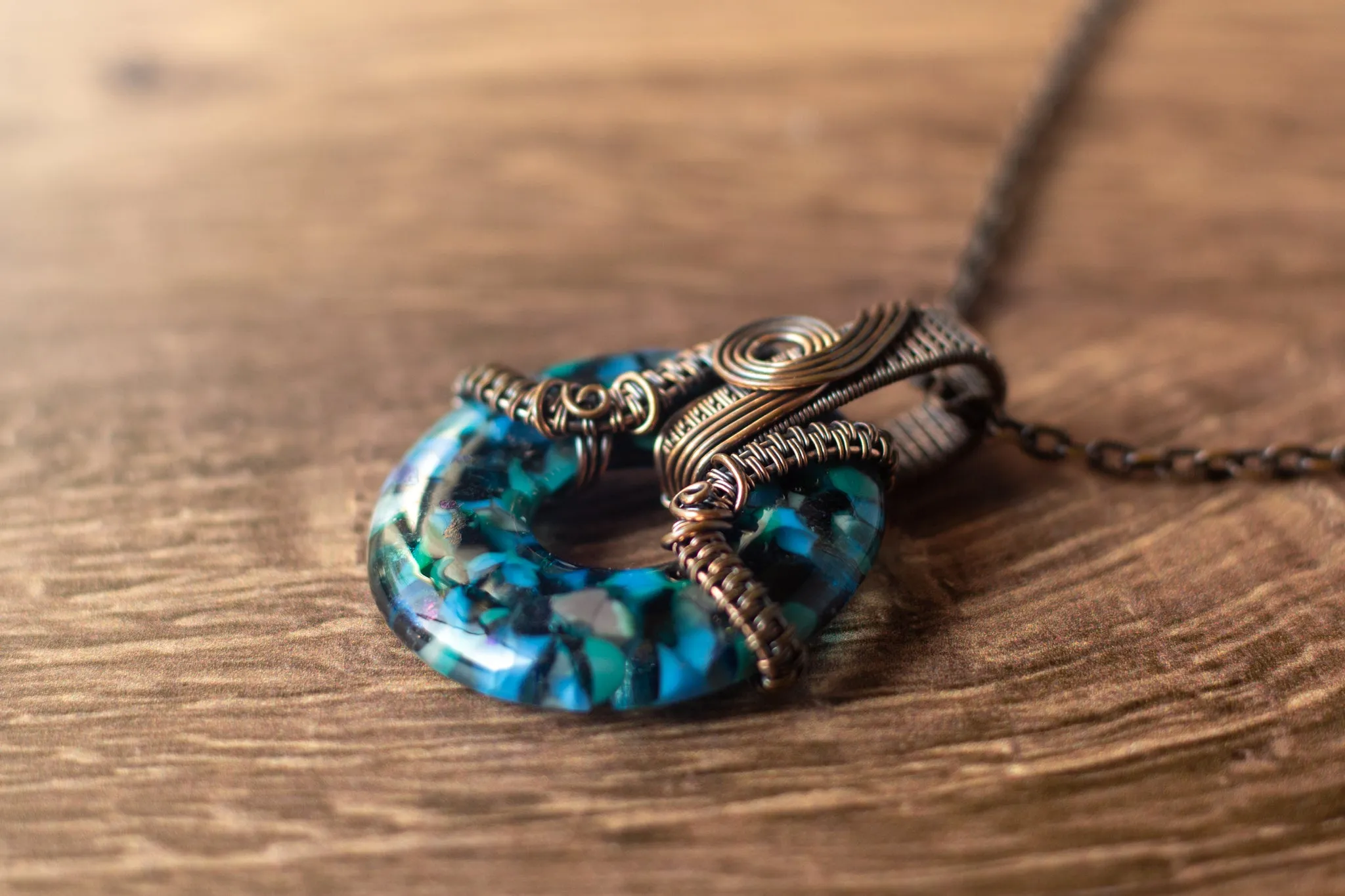 Copper Wire Pendant with Blues, White, and Grey Fused Glass Ring