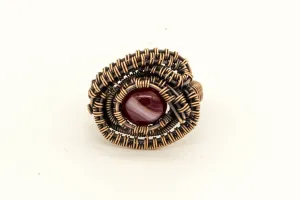Copper Wire Wrapped Ring with Streaked Red and White Fused Glass Accent