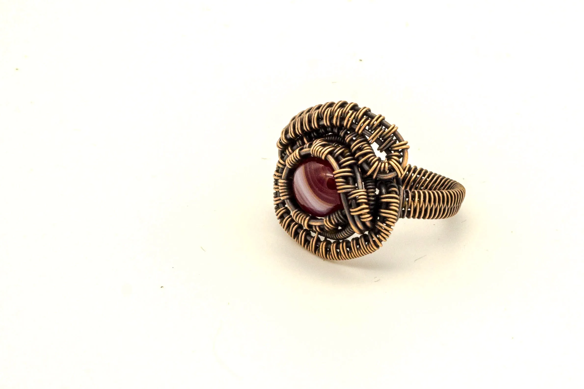 Copper Wire Wrapped Ring with Streaked Red and White Fused Glass Accent