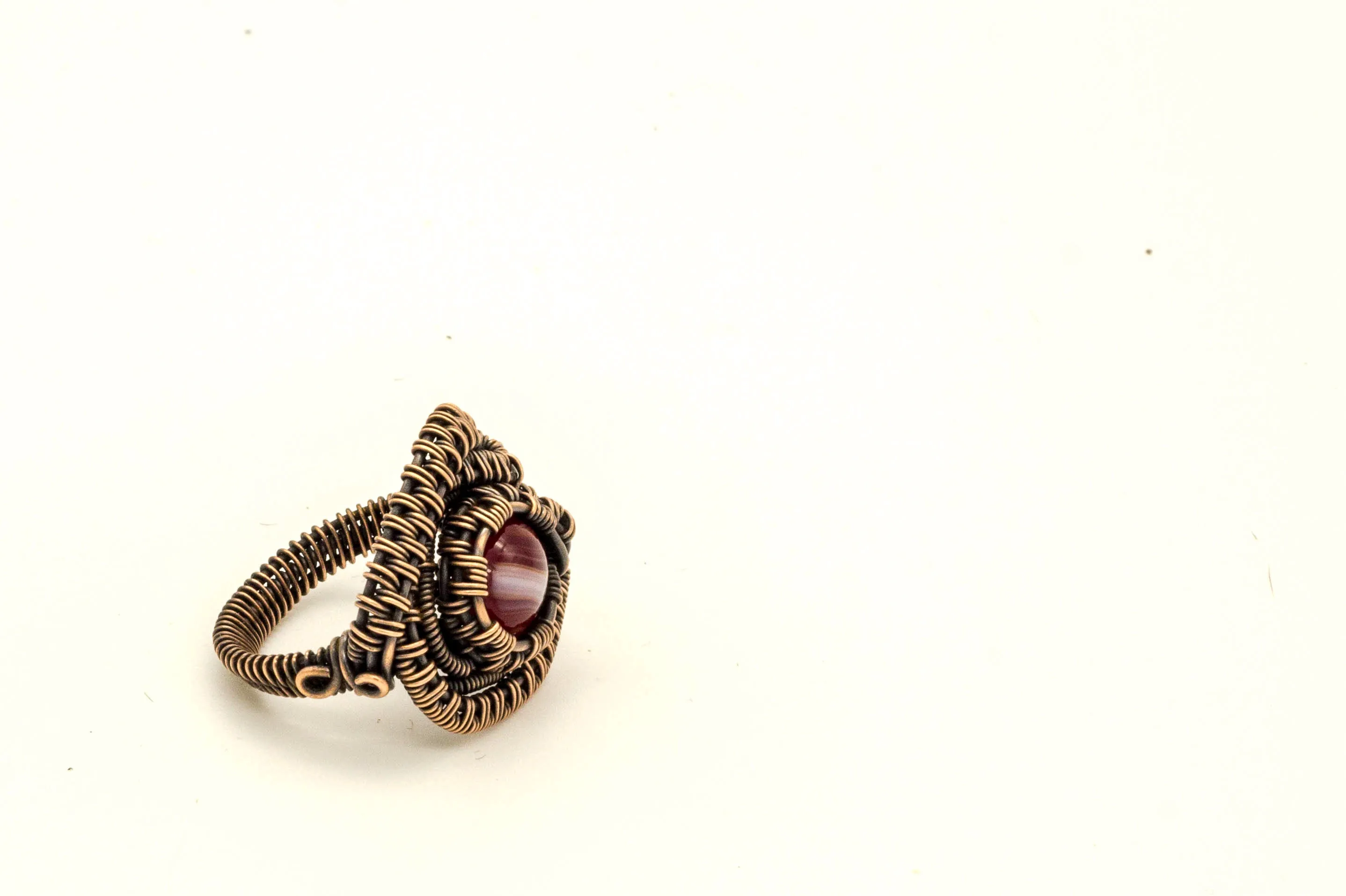 Copper Wire Wrapped Ring with Streaked Red and White Fused Glass Accent