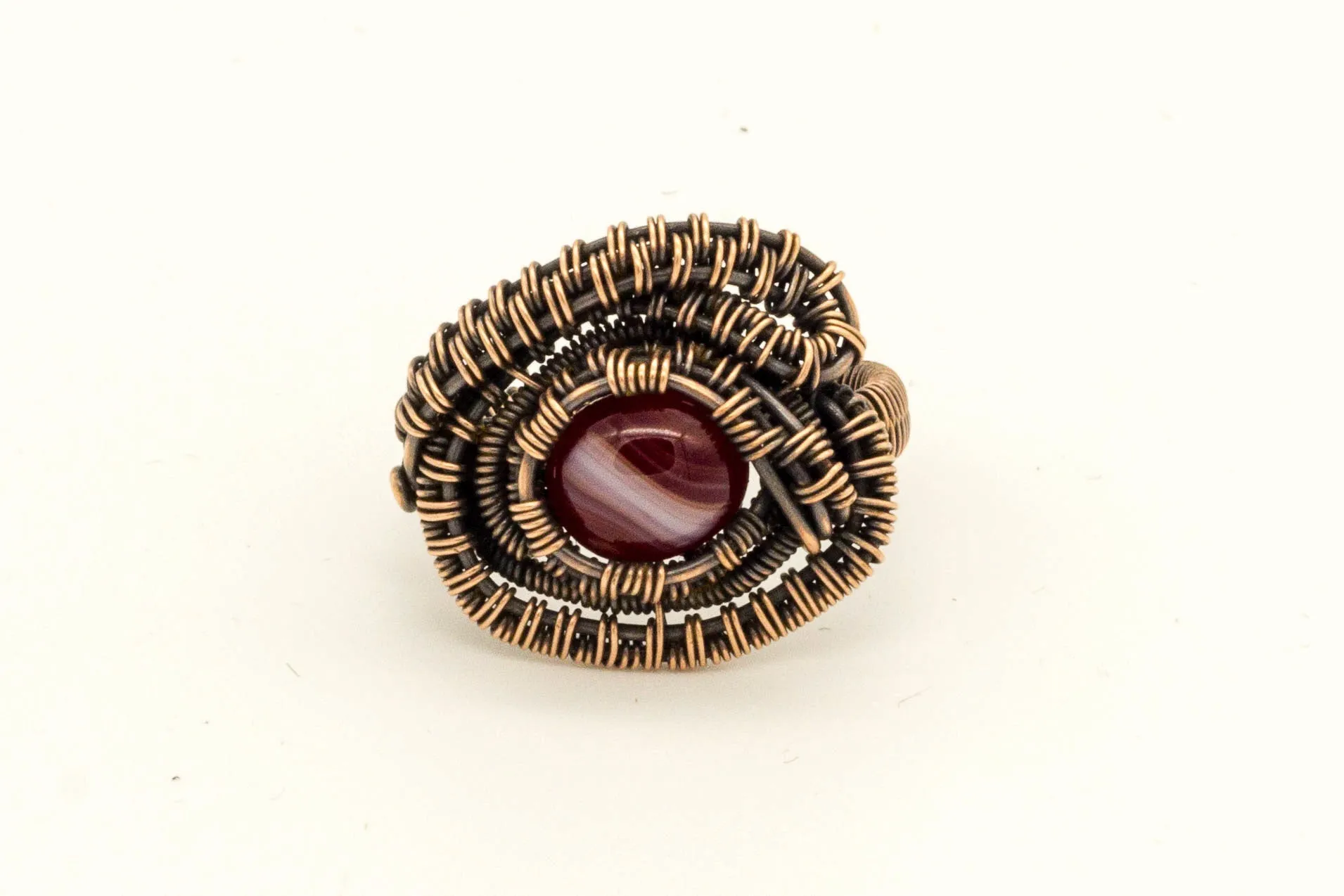 Copper Wire Wrapped Ring with Streaked Red and White Fused Glass Accent