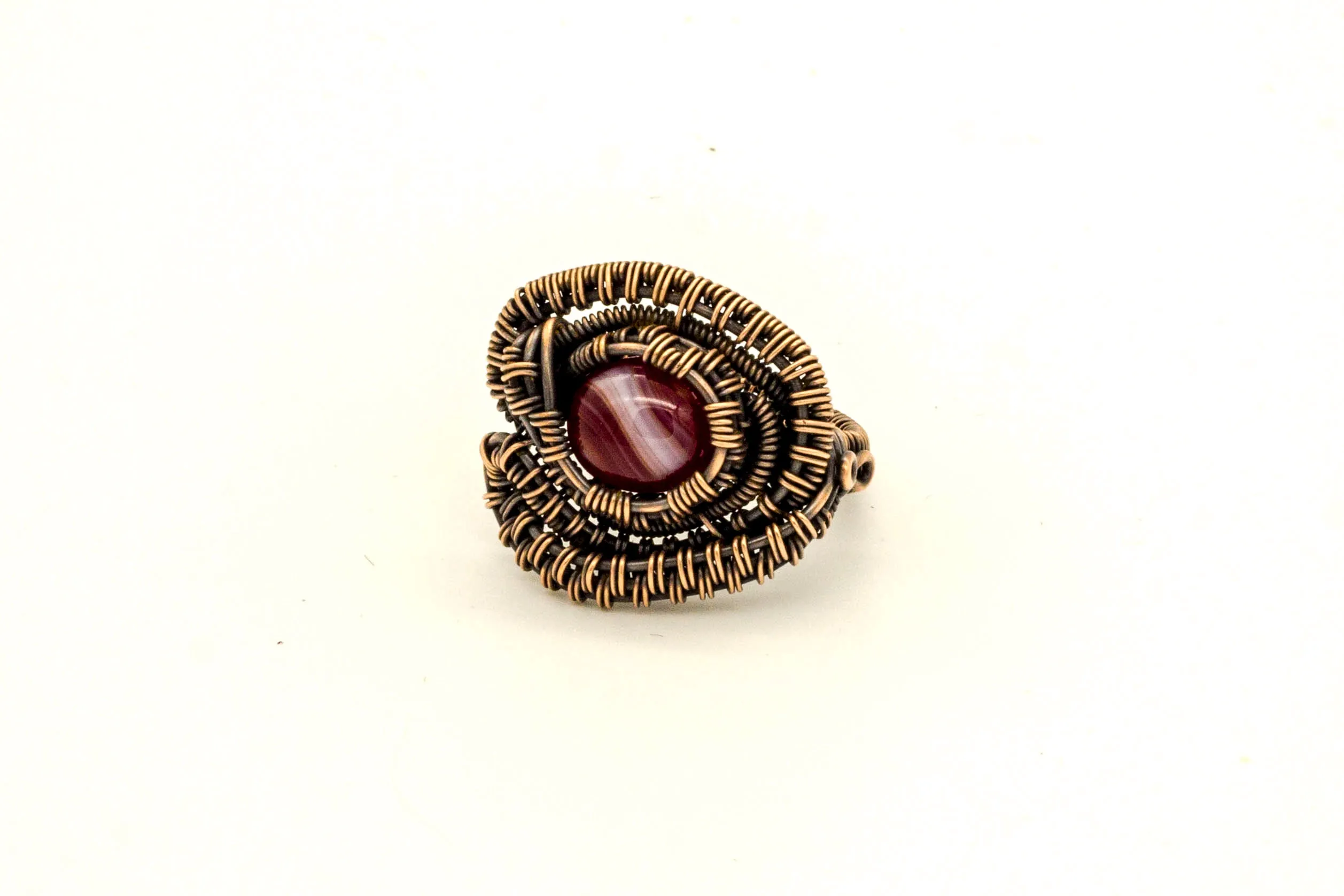 Copper Wire Wrapped Ring with Streaked Red and White Fused Glass Accent