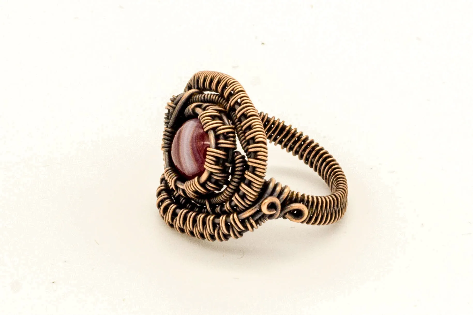 Copper Wire Wrapped Ring with Streaked Red and White Fused Glass Accent