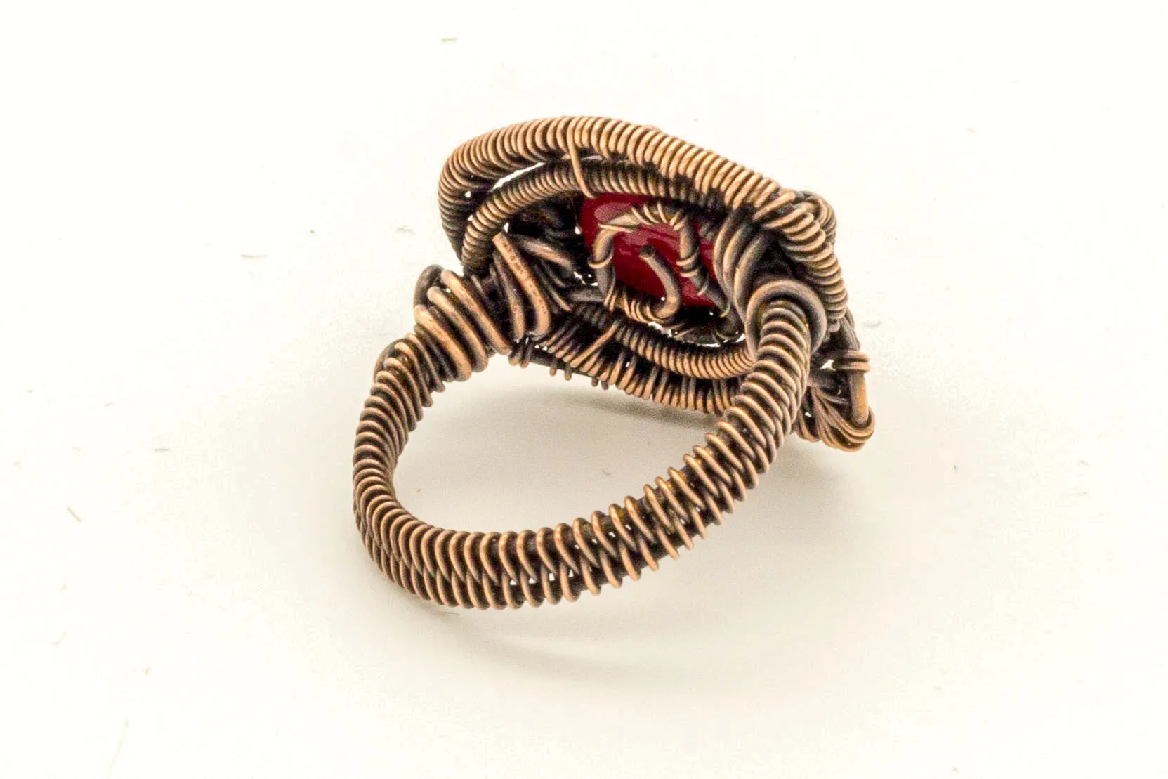 Copper Wire Wrapped Ring with Streaked Red and White Fused Glass Accent
