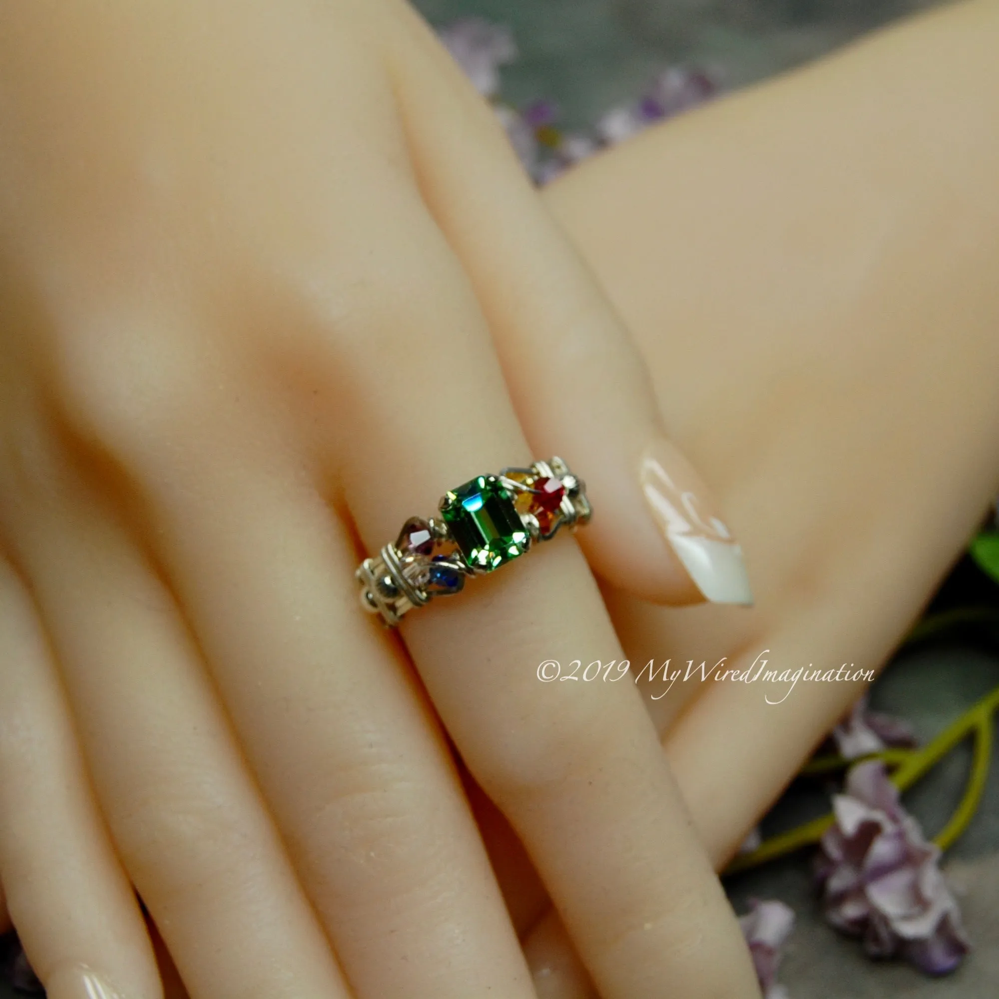 Crystal Chakra Ring, 7 Chakra Healing Colors, Handmade Ring Sterling Silver US Size 8