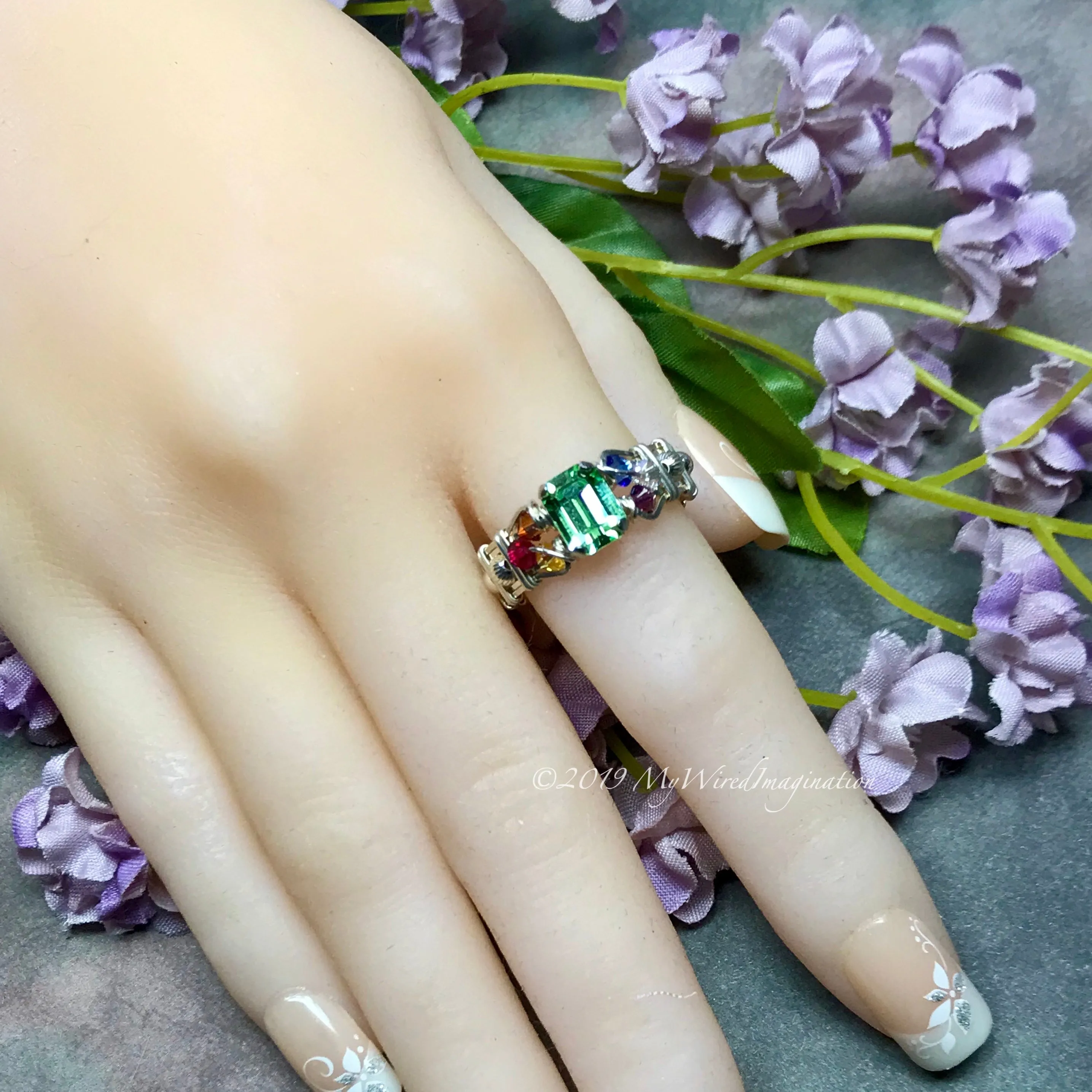 Crystal Chakra Ring, 7 Chakra Healing Colors, Handmade Ring Sterling Silver US Size 8