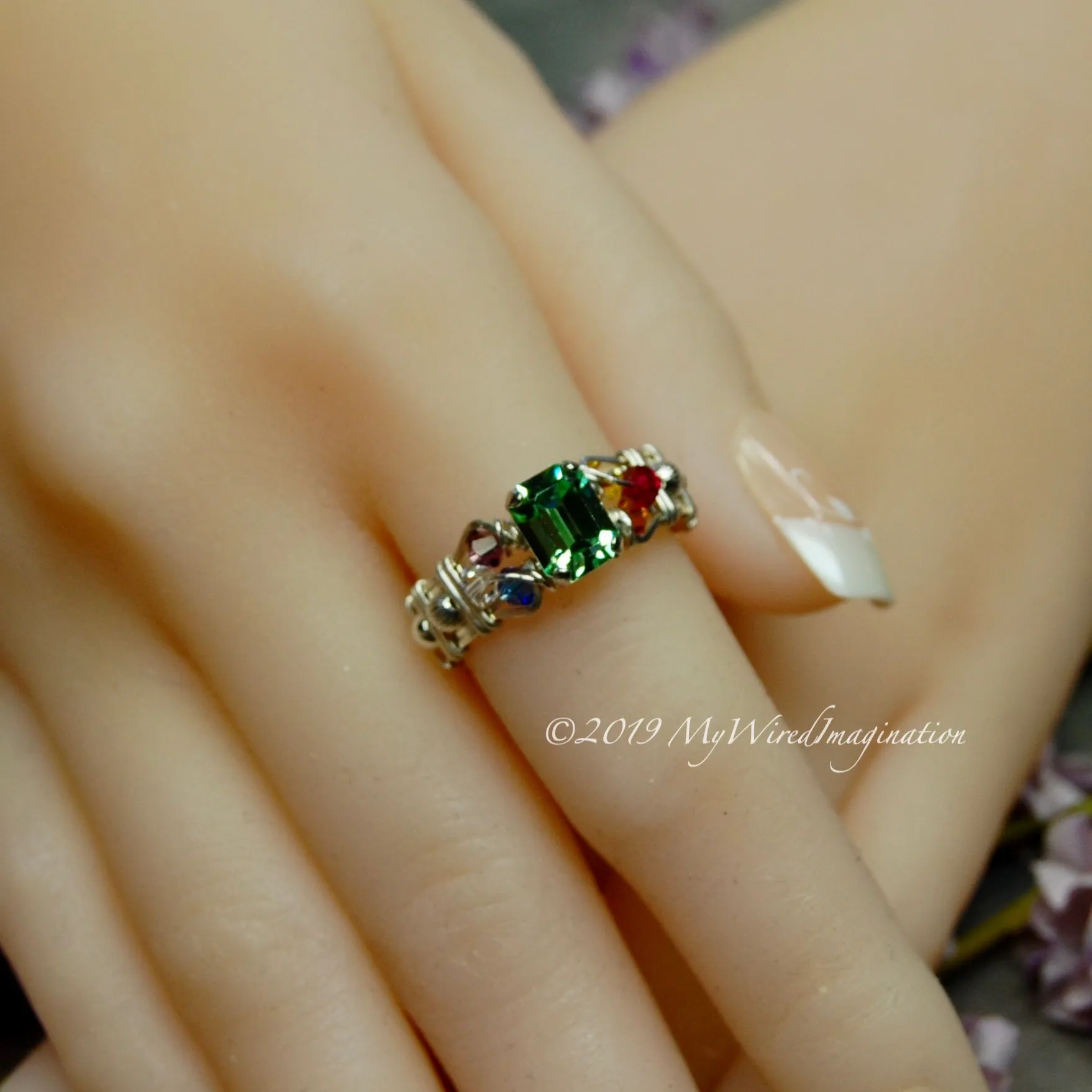 Crystal Chakra Ring, 7 Chakra Healing Colors, Handmade Ring Sterling Silver US Size 8