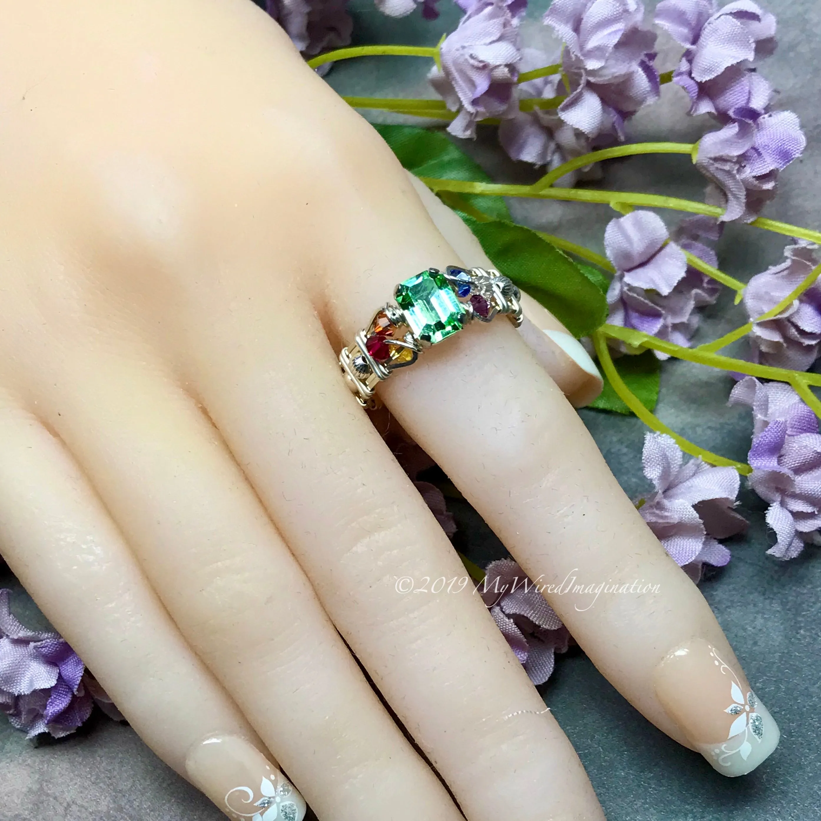 Crystal Chakra Ring, 7 Chakra Healing Colors, Handmade Ring Sterling Silver US Size 8