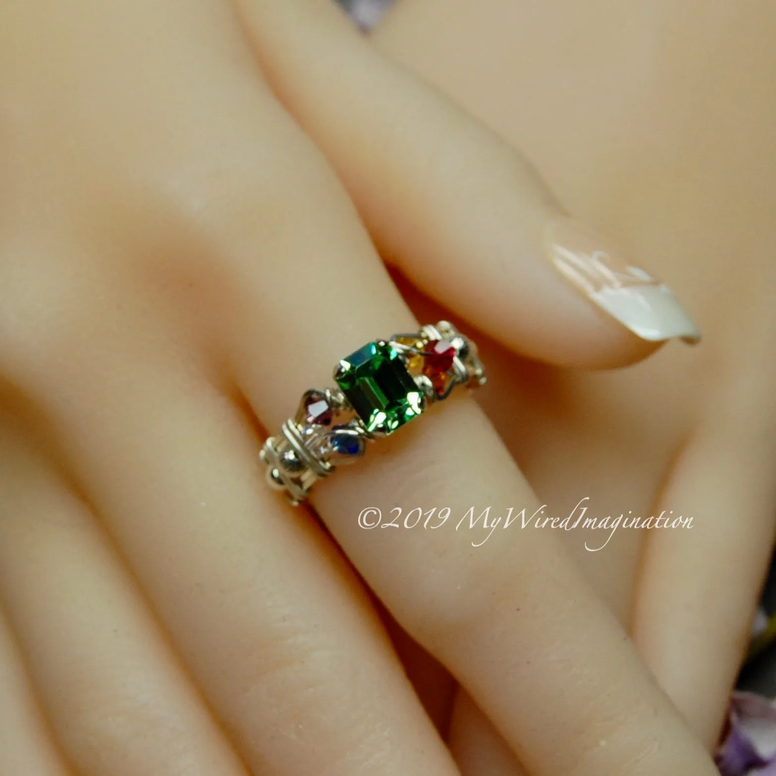 Crystal Chakra Ring, 7 Chakra Healing Colors, Handmade Ring Sterling Silver US Size 8