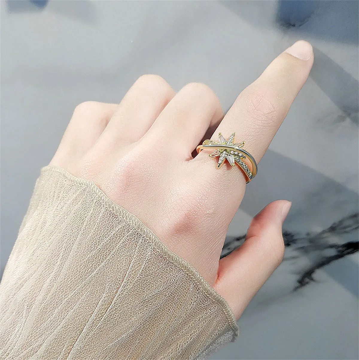 Cubic Zirconia & Crystal 18K Gold-Plated Star Open Ring