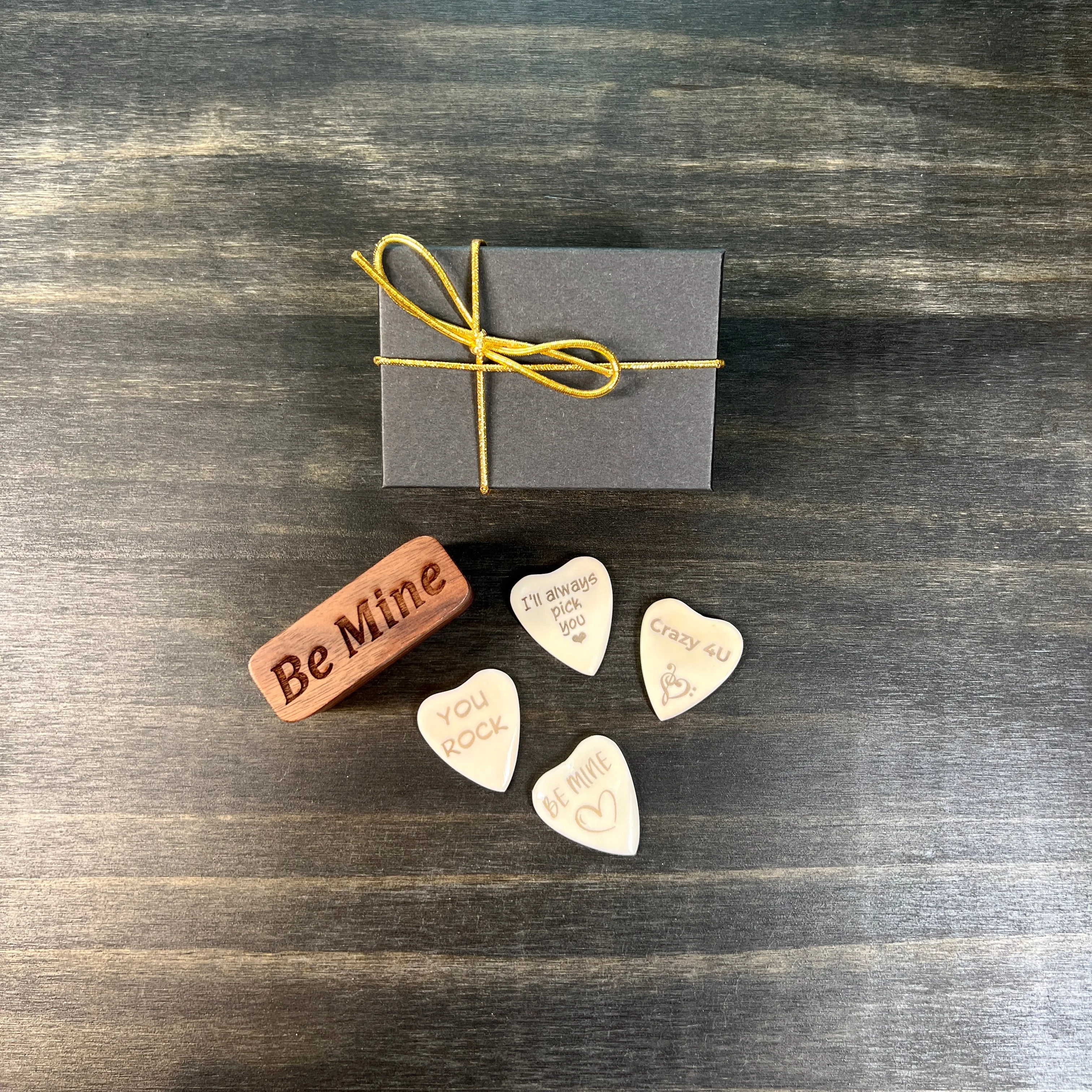 Custom Engraved Heart Shaped Bone Guitar Pick with Leather Keychain Pouch