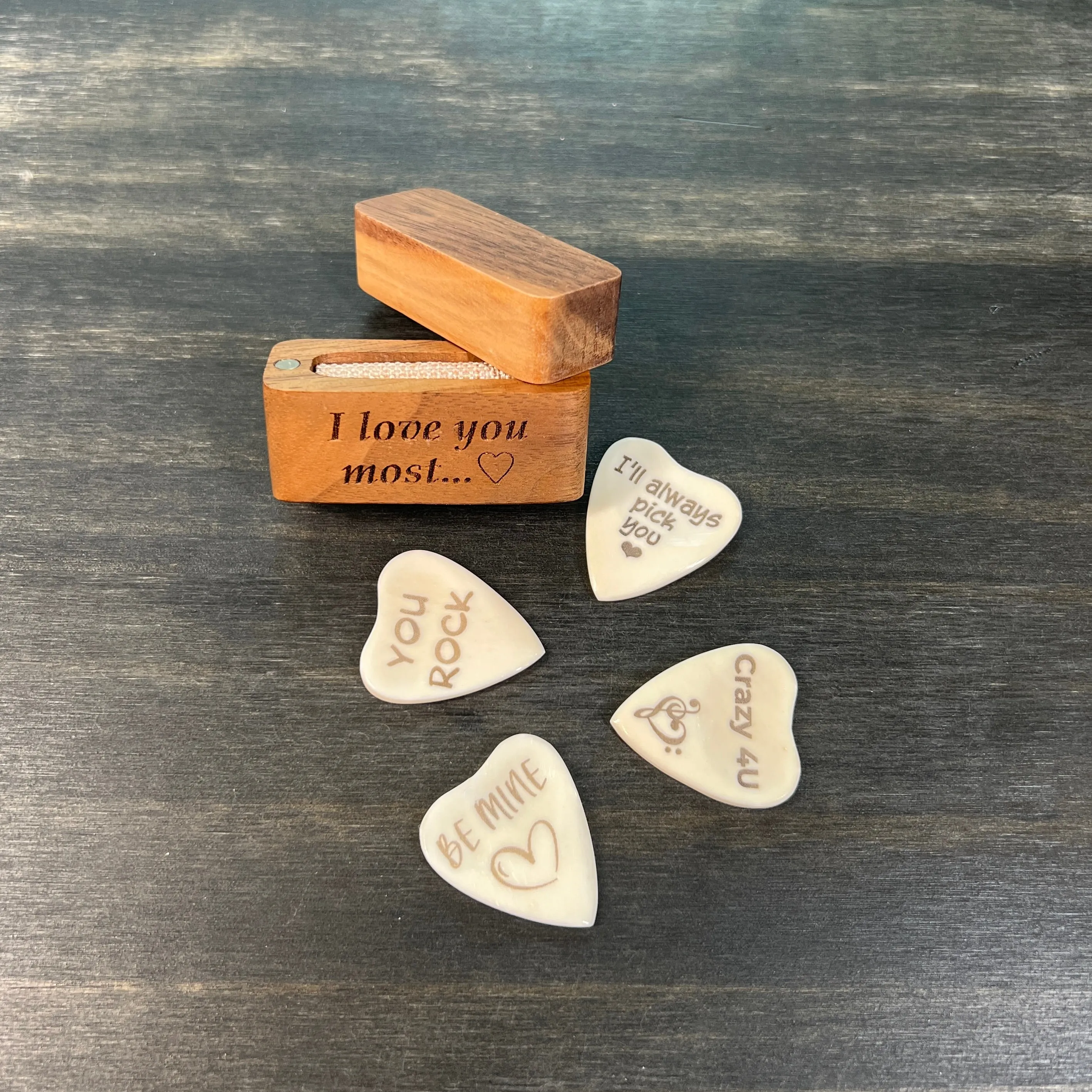 Custom Engraved Heart Shaped Bone Guitar Pick with Leather Keychain Pouch
