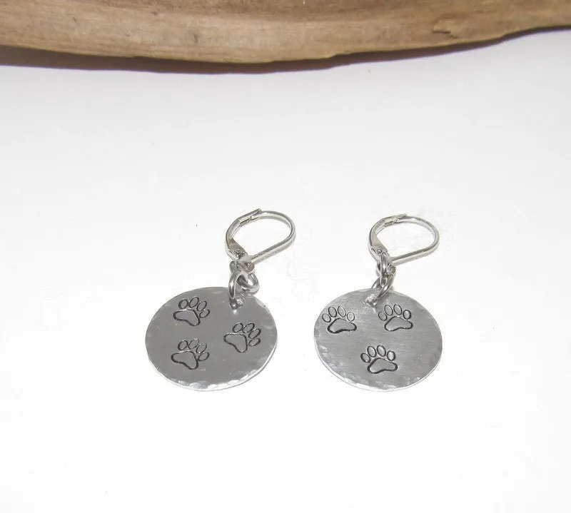 Custom personalized paw print earrings, dangle drop Dog mom earrings, pet lover gifts for her, puppy mom gifts, custom hand stamped jewelry