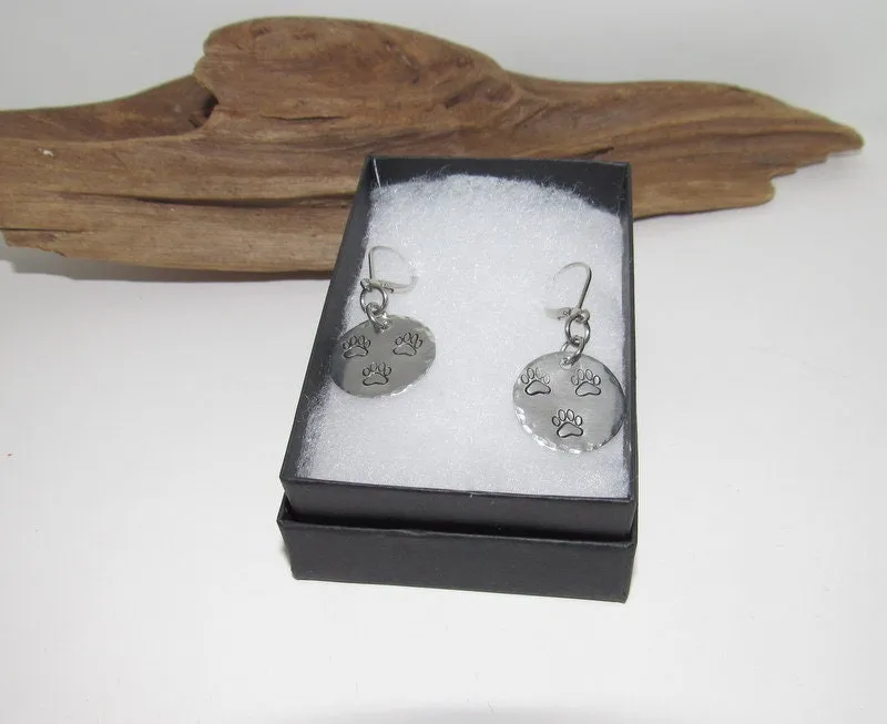 Custom personalized paw print earrings, dangle drop Dog mom earrings, pet lover gifts for her, puppy mom gifts, custom hand stamped jewelry
