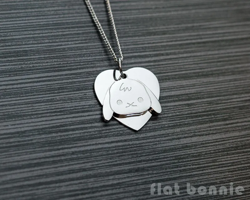 Cute animal charm necklace with metal heart - Kawaii jewelry - Bunny, Dog, Cat, Guinea Pig