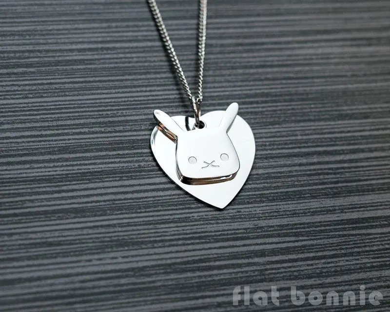 Cute animal charm necklace with metal heart - Kawaii jewelry - Bunny, Dog, Cat, Guinea Pig