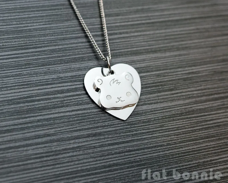 Cute animal charm necklace with metal heart - Kawaii jewelry - Bunny, Dog, Cat, Guinea Pig