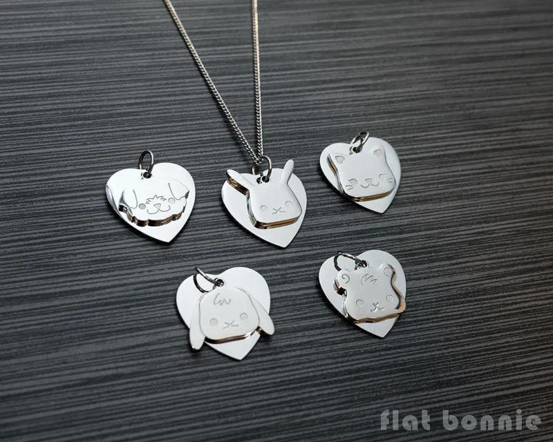 Cute animal charm necklace with metal heart - Kawaii jewelry - Bunny, Dog, Cat, Guinea Pig