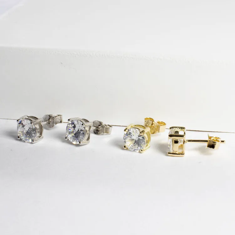 CZ Prong Setting Studs 6.5mm - Gold or Silver
