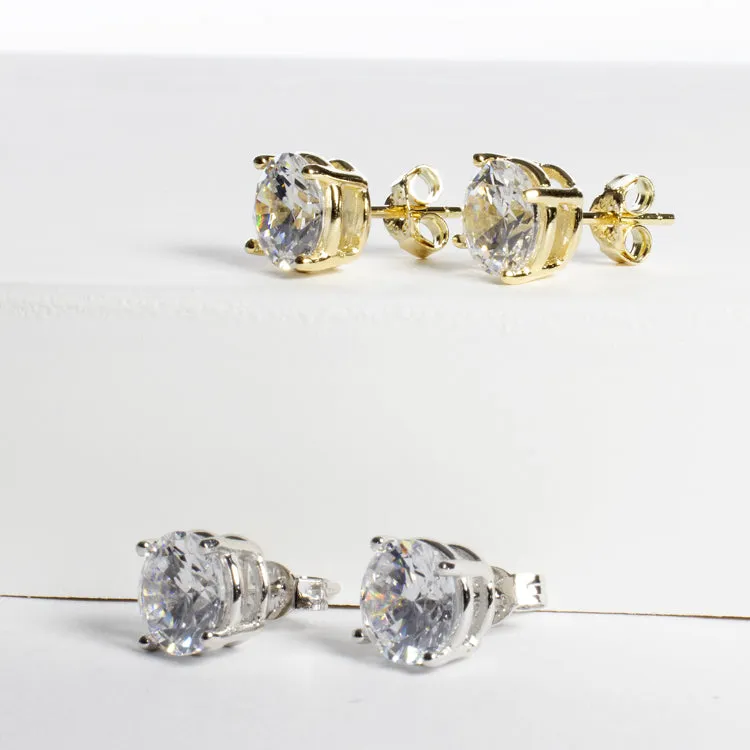 CZ Prong Setting Studs 6.5mm - Gold or Silver