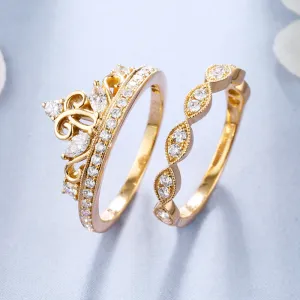 Diamond Milgrain Tiara Crown 2 Piece Bridal Rings Set