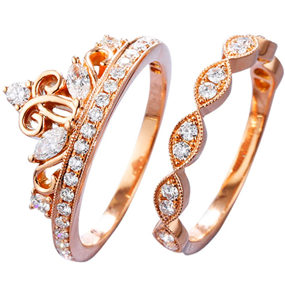 Diamond Milgrain Tiara Crown 2 Piece Bridal Rings Set