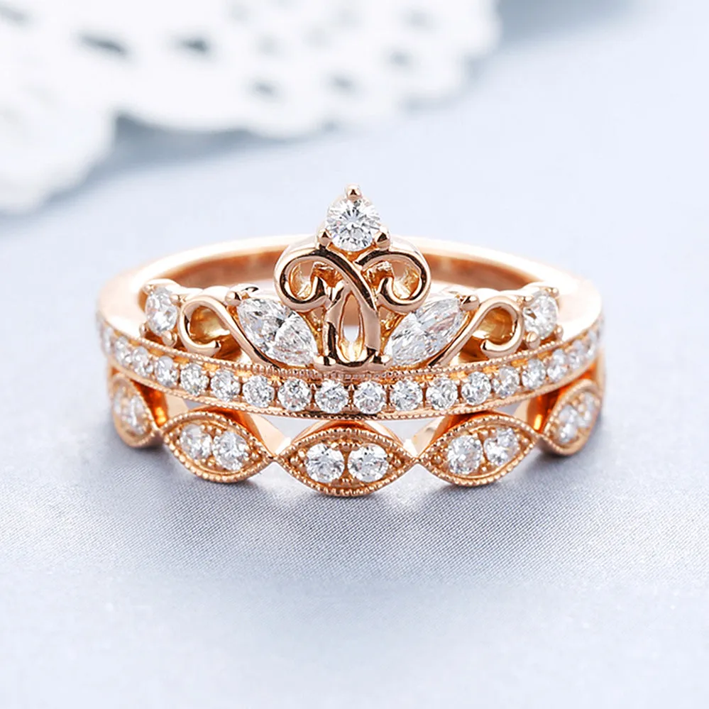 Diamond Milgrain Tiara Crown 2 Piece Bridal Rings Set