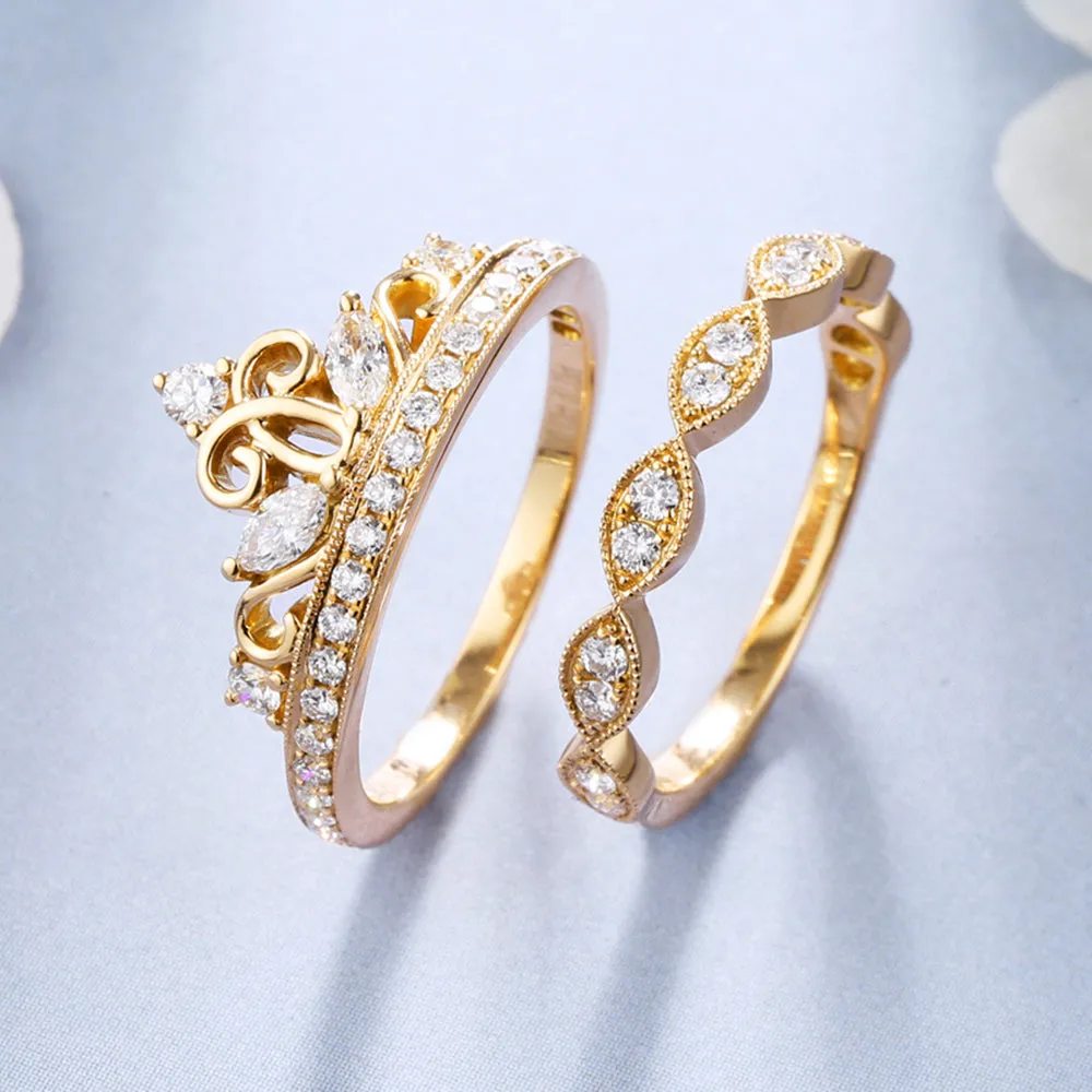 Diamond Milgrain Tiara Crown 2 Piece Bridal Rings Set