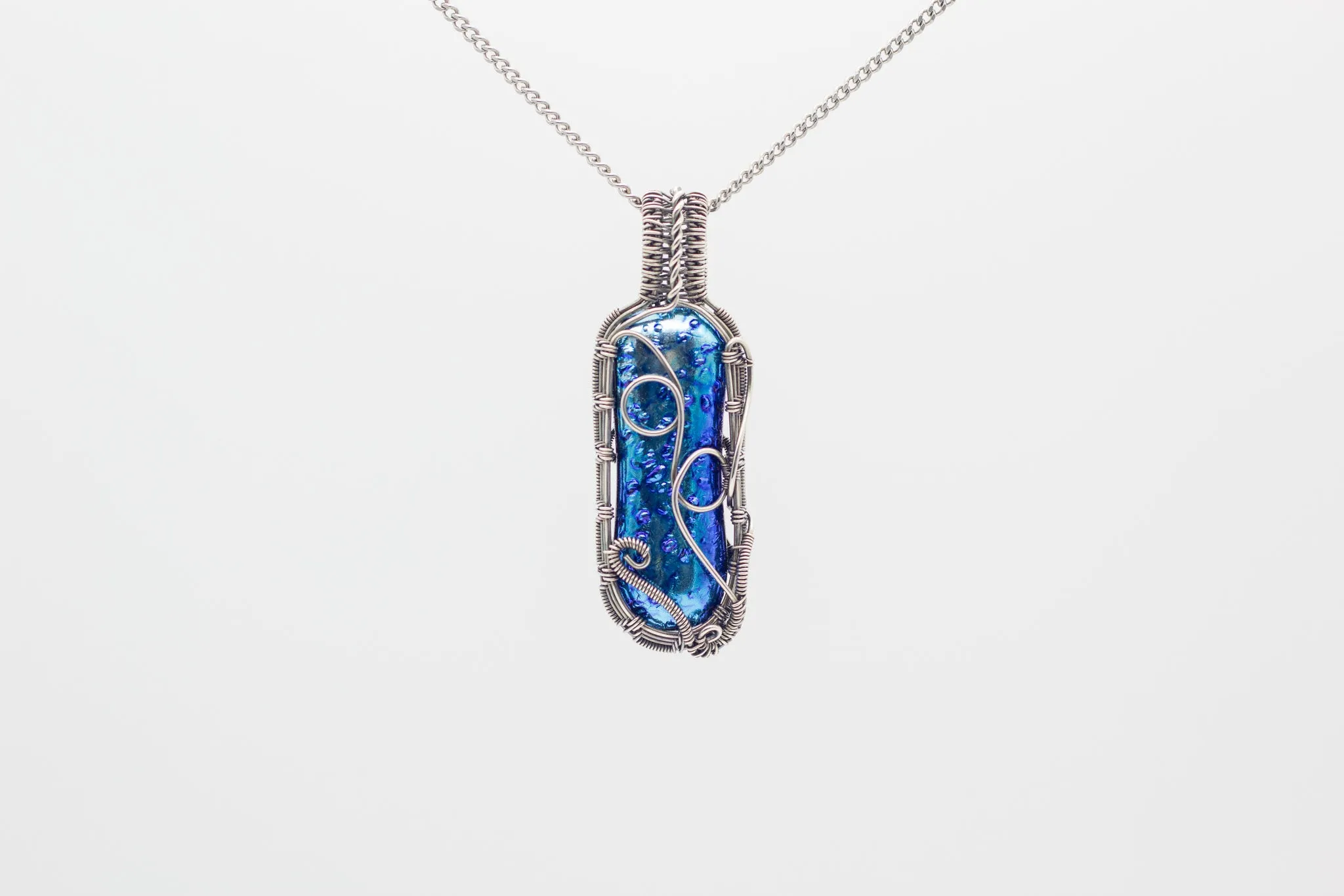 Dichroic Blue Fused Glass Pendant with Sterling Silver Wire Wrapping