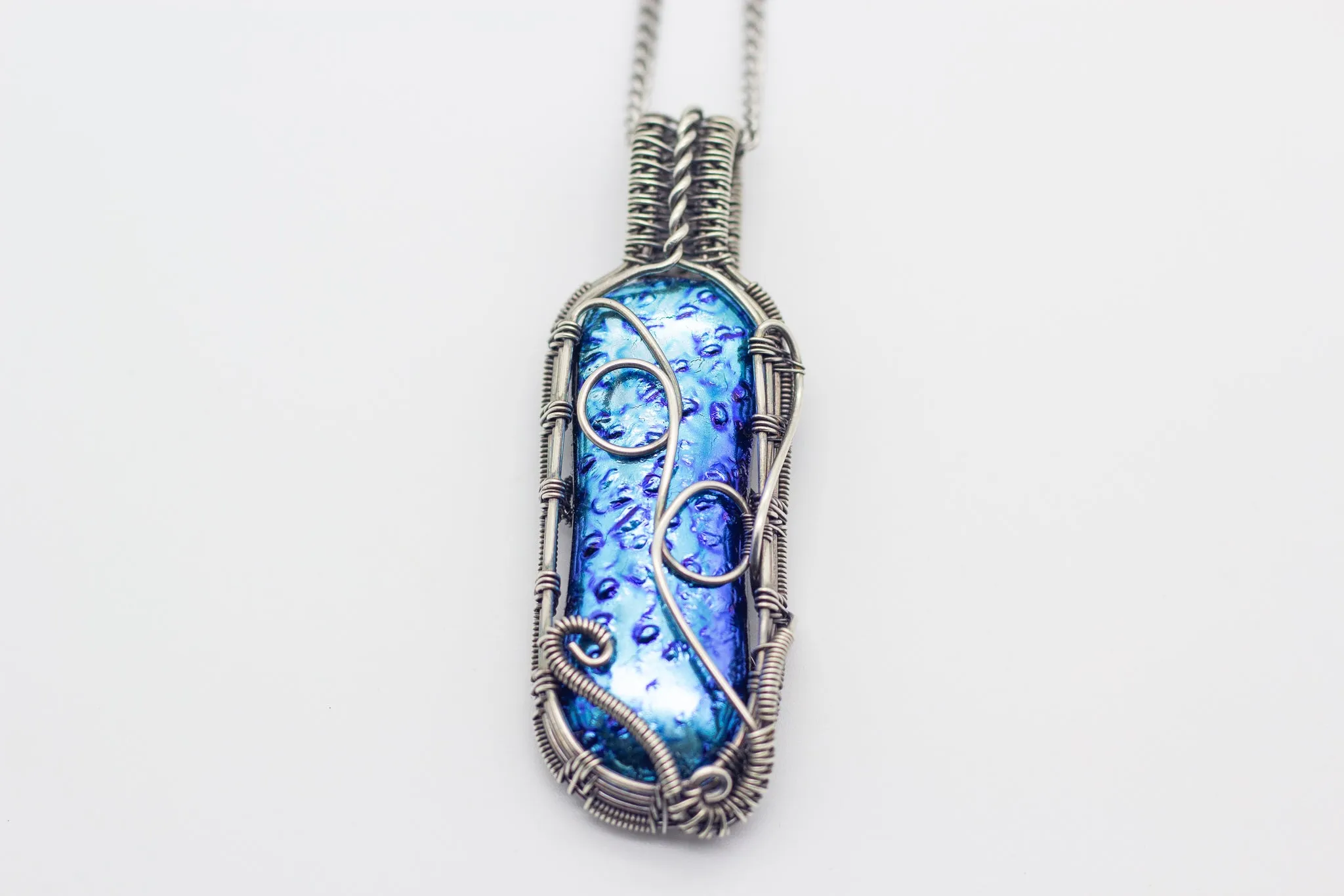 Dichroic Blue Fused Glass Pendant with Sterling Silver Wire Wrapping