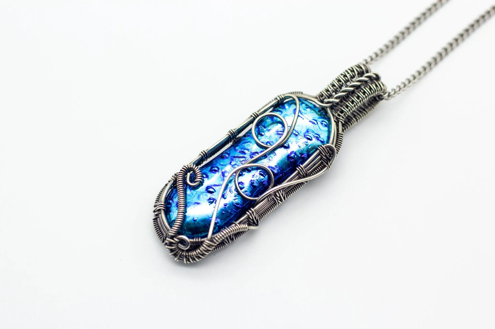 Dichroic Blue Fused Glass Pendant with Sterling Silver Wire Wrapping
