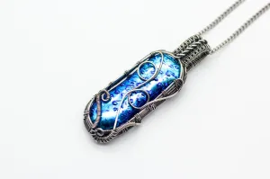 Dichroic Blue Fused Glass Pendant with Sterling Silver Wire Wrapping