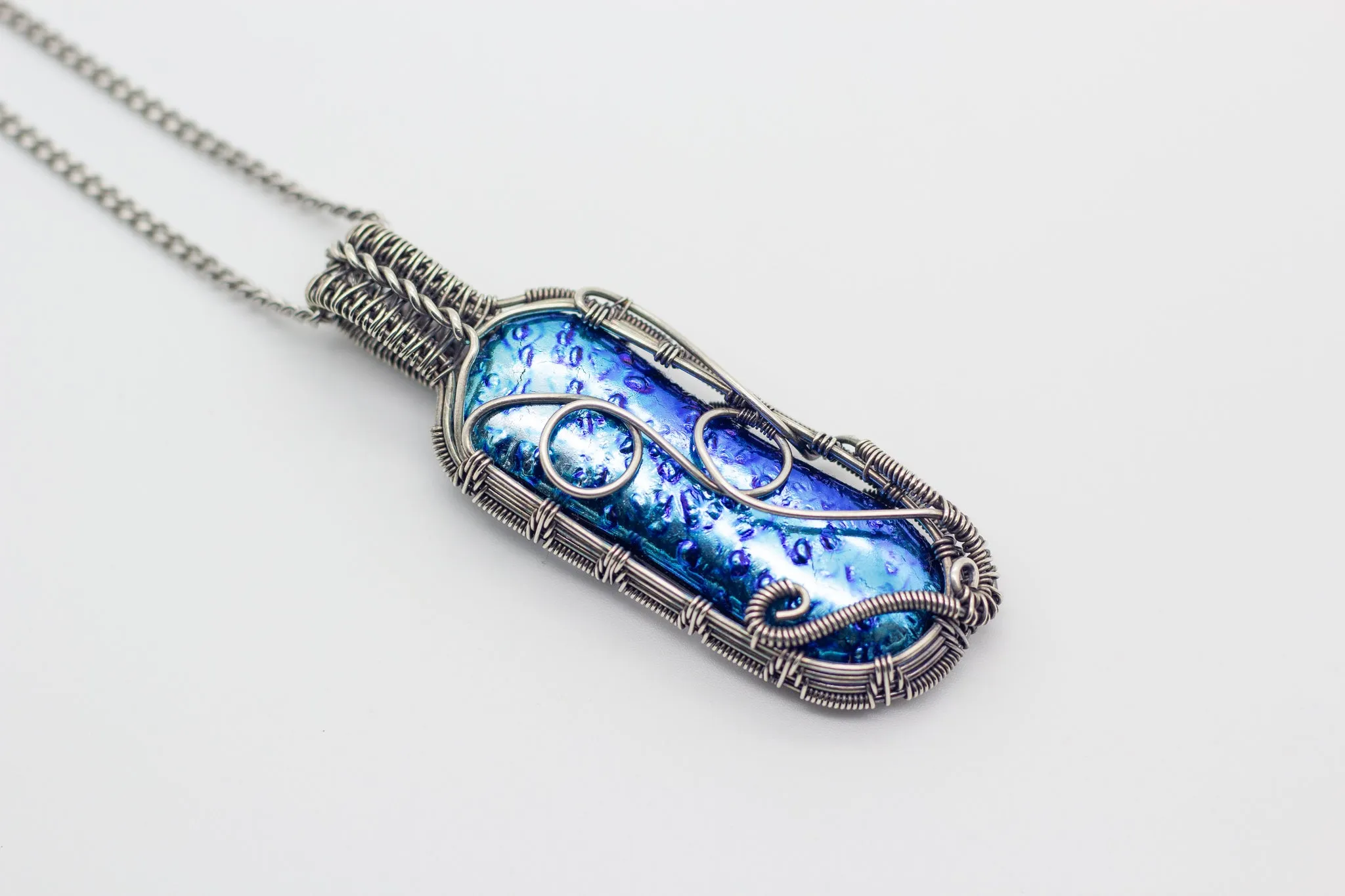 Dichroic Blue Fused Glass Pendant with Sterling Silver Wire Wrapping