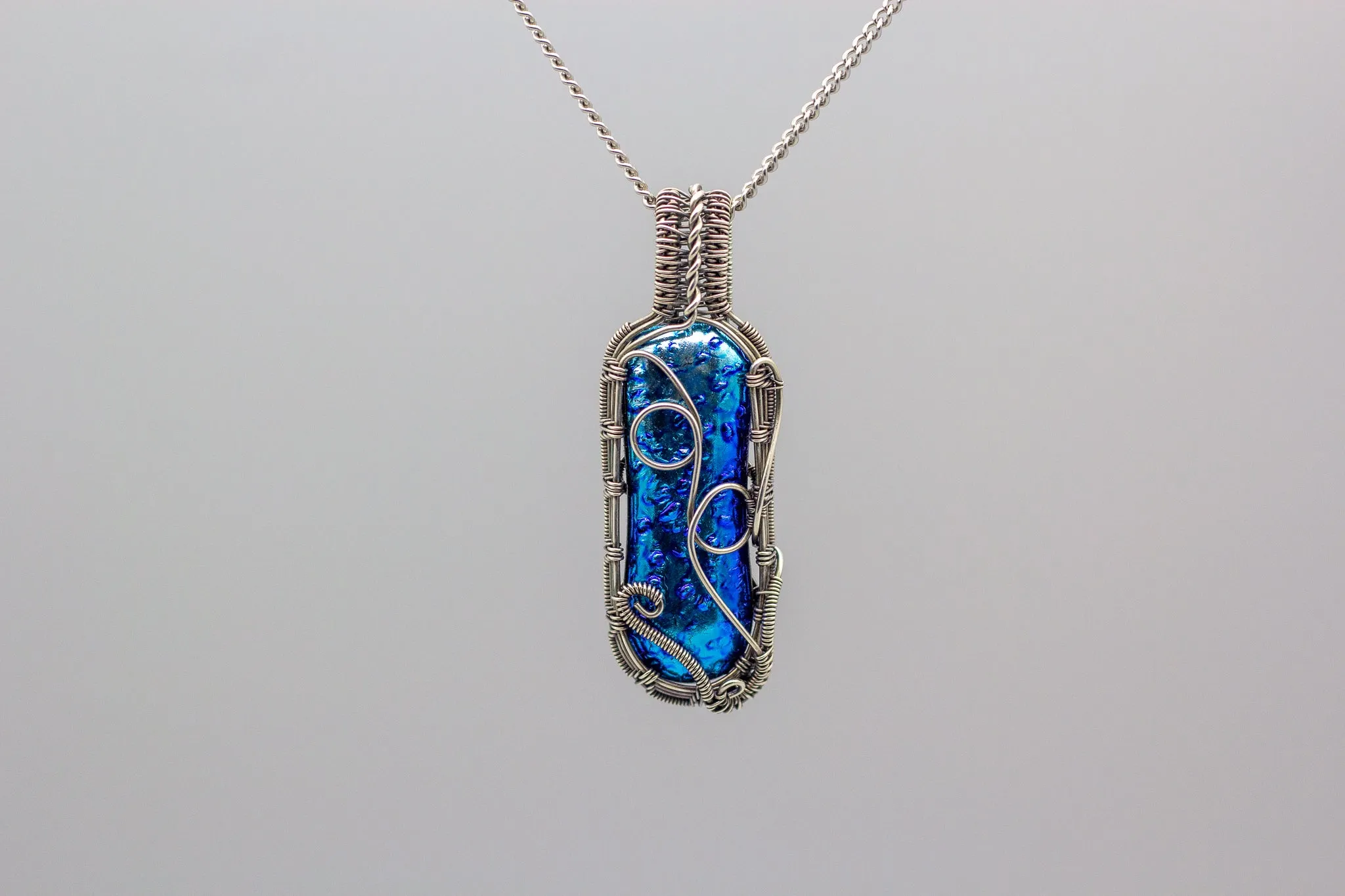 Dichroic Blue Fused Glass Pendant with Sterling Silver Wire Wrapping