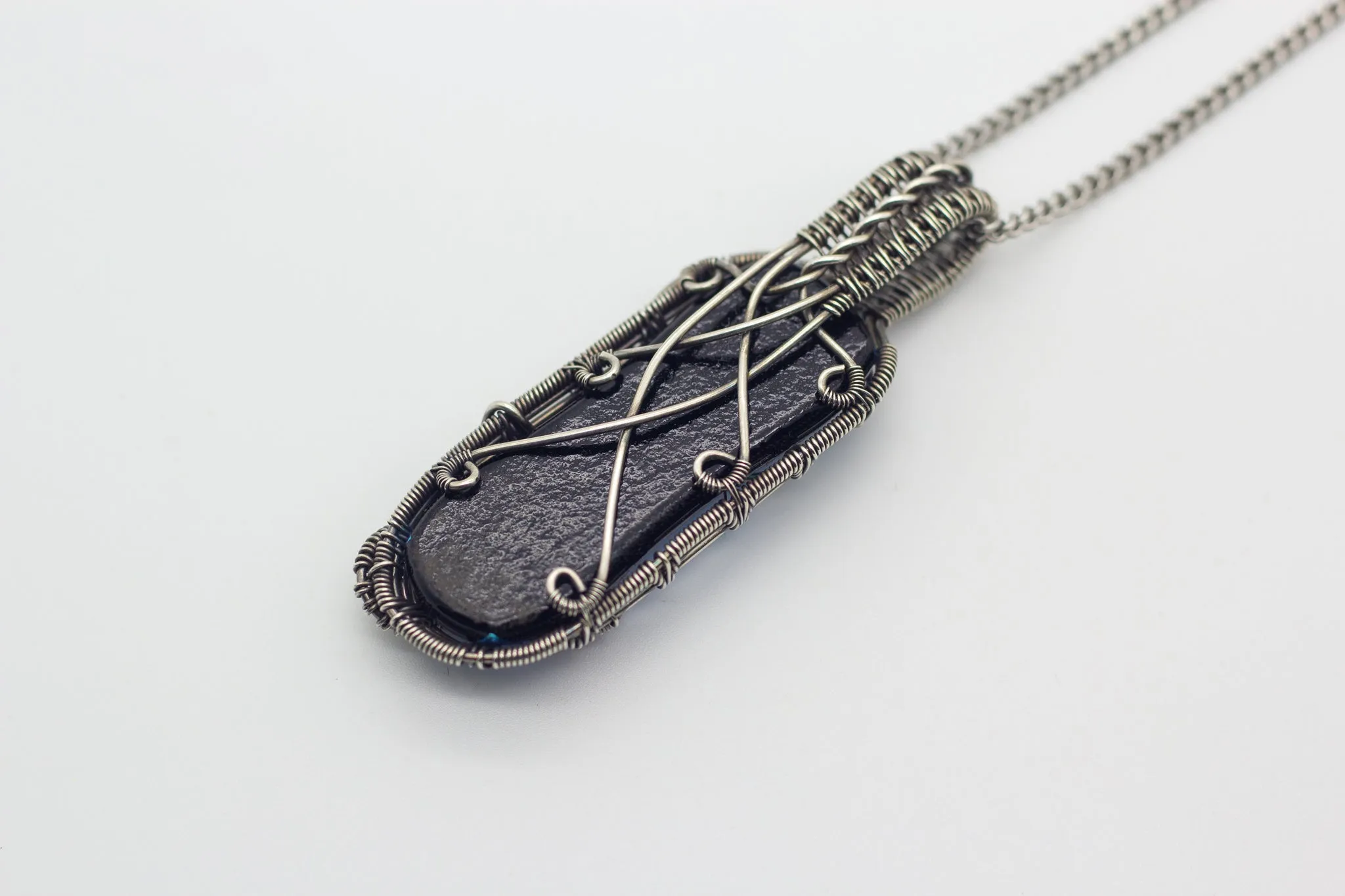 Dichroic Blue Fused Glass Pendant with Sterling Silver Wire Wrapping