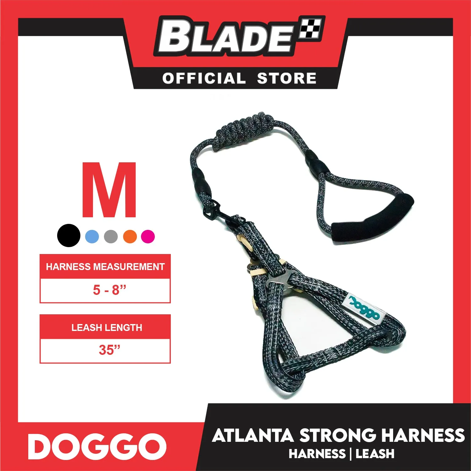 Doggo Atlanta Strong Harness and Leash Set Medium Size (Black)