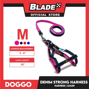 Doggo Denim Strong Harness Medium (Pink) Thick Leash and Straps for Your Dog