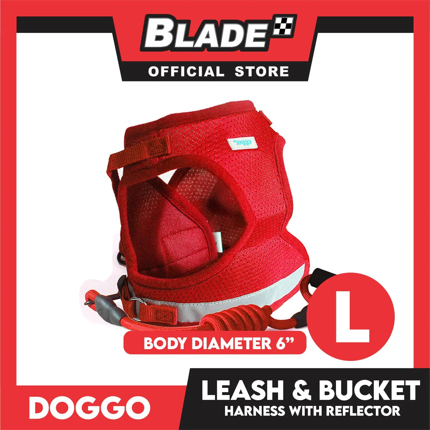 Doggo Leash and Bucket Harness with Reflector Large (Red) Perfect Set for Your Dog