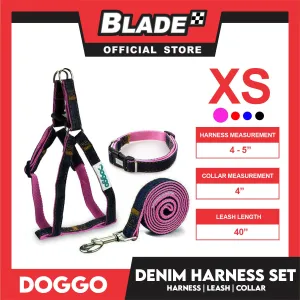Doggo Strong Harness Set Denim Design Extra Small (Pink) Harness, Leash and Collar for Your Dog