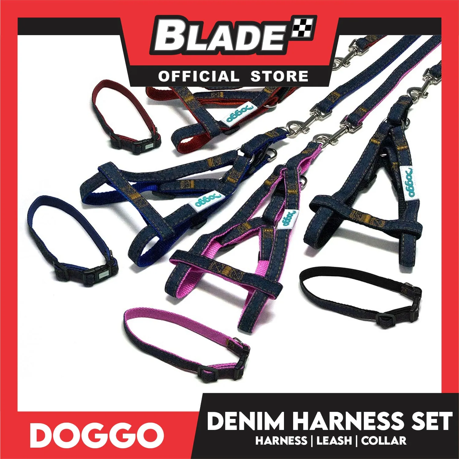 Doggo Strong Harness Set Denim Design Extra Small (Pink) Harness, Leash and Collar for Your Dog
