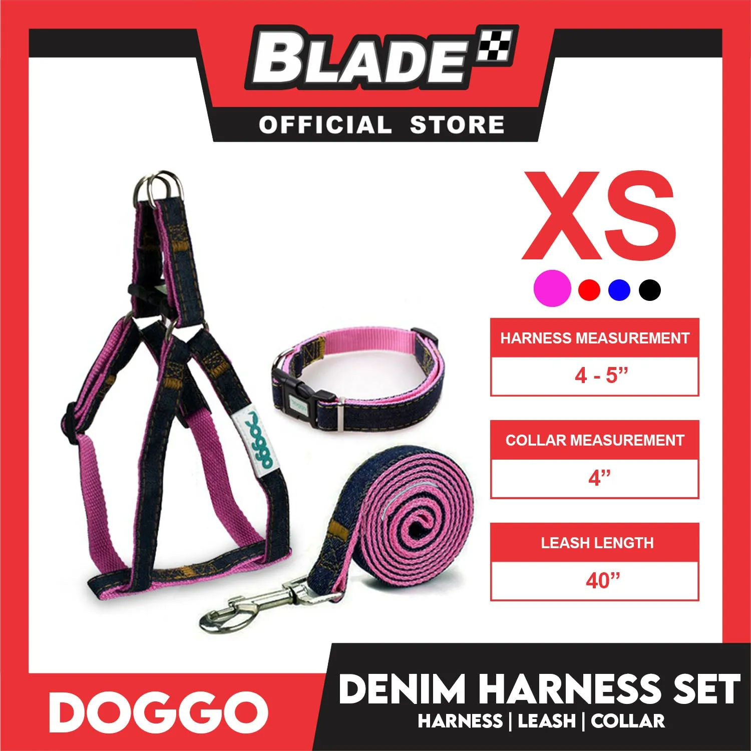 Doggo Strong Harness Set Denim Design Extra Small (Pink) Harness, Leash and Collar for Your Dog