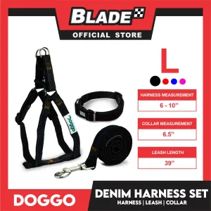 Doggo Strong Harness Set Denim Design Large (Black) Harness, Leash and Collar for Your Dog