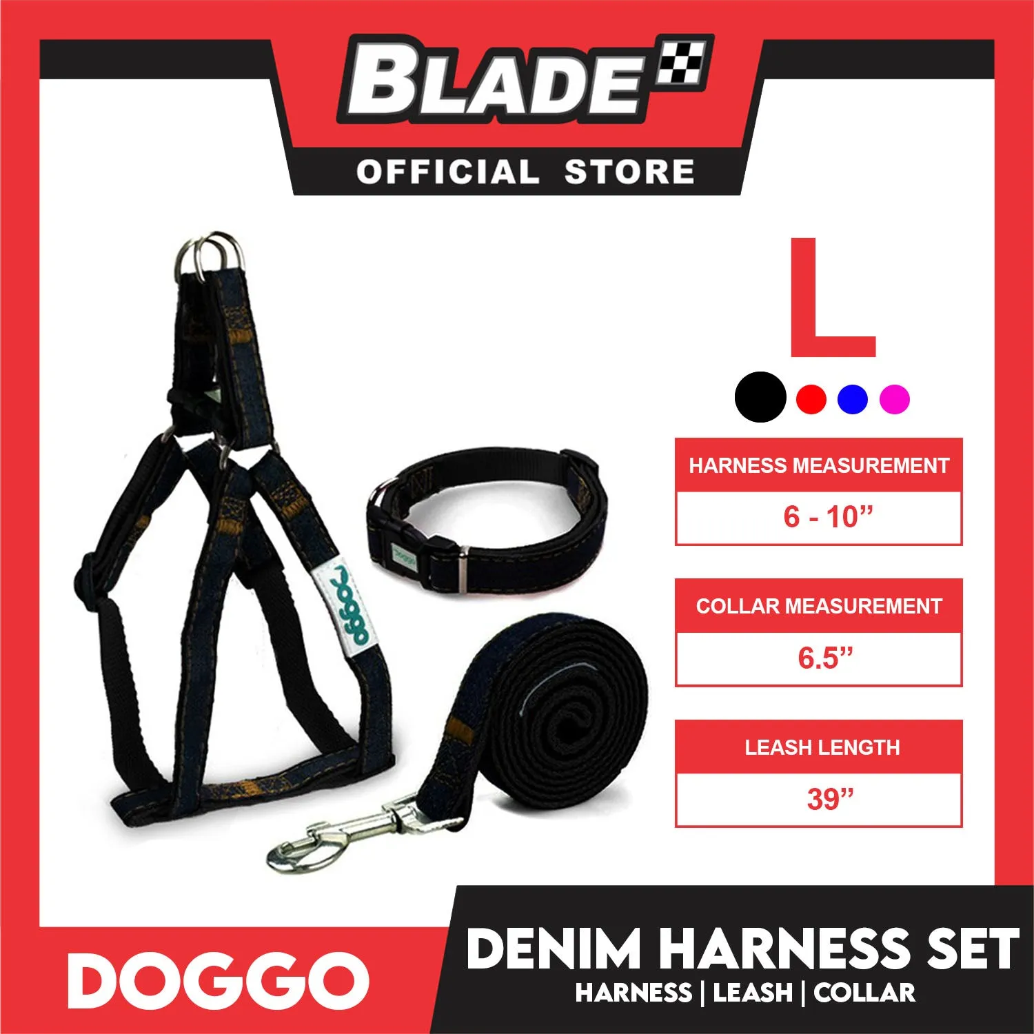 Doggo Strong Harness Set Denim Design Large (Black) Harness, Leash and Collar for Your Dog