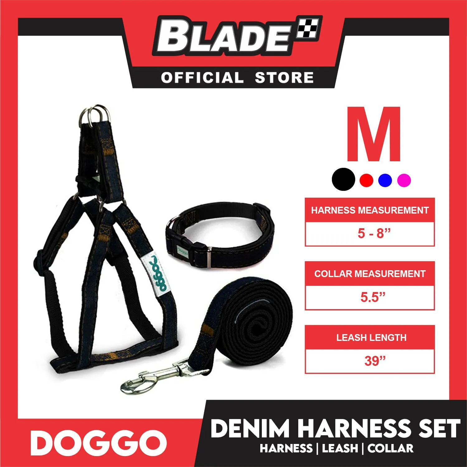 Doggo Strong Harness Set Denim Design Medium (Black) Harness, Leash and Collar for Your Dog