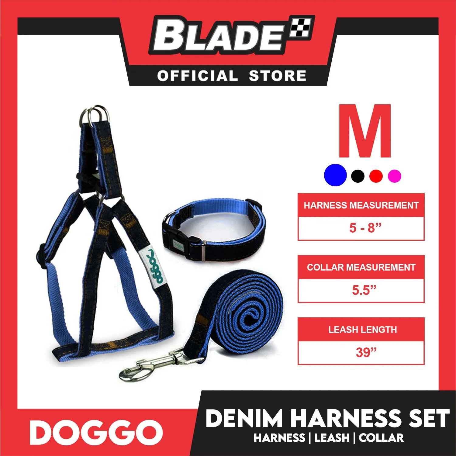 Doggo Strong Harness Set Denim Design Medium (Blue) Harness, Leash and Collar for Your Dog