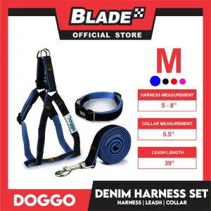 Doggo Strong Harness Set Denim Design Medium (Blue) Harness, Leash and Collar for Your Dog